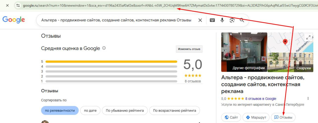 URL в карточке компании Гугл карт